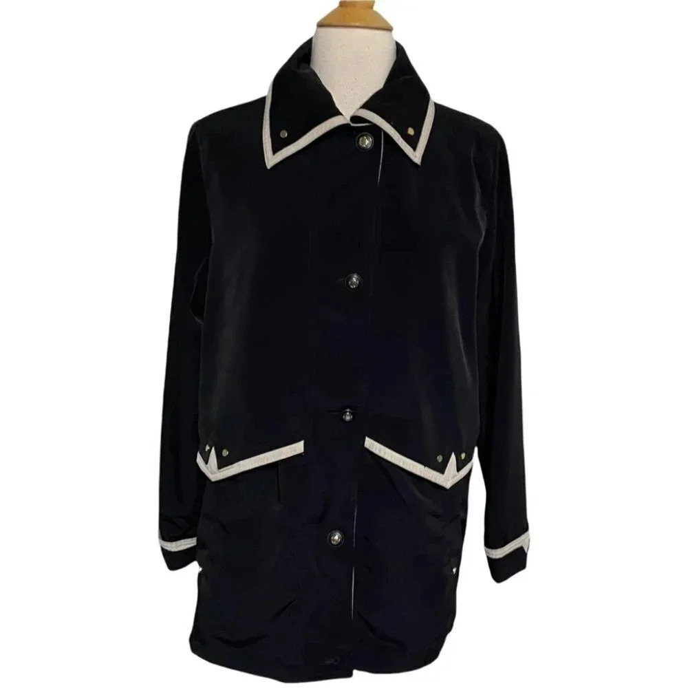Braetan M‎ black & ivory trim drawstring waist raincoat Preppy Old Money Regency